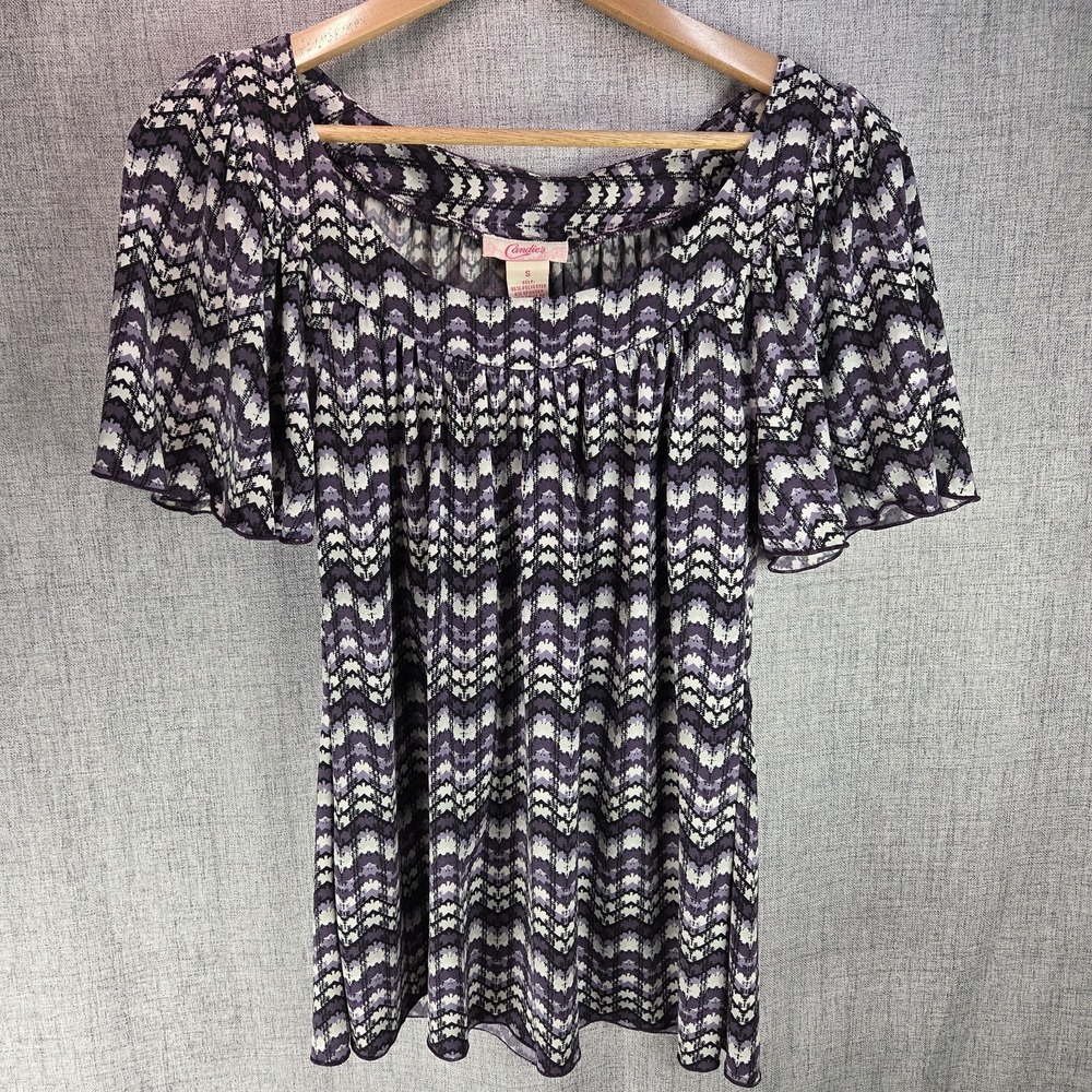 Candie's Womens Scoop Neck Purple White Chevron SM Peasant Blouse Y2K Boho Chic